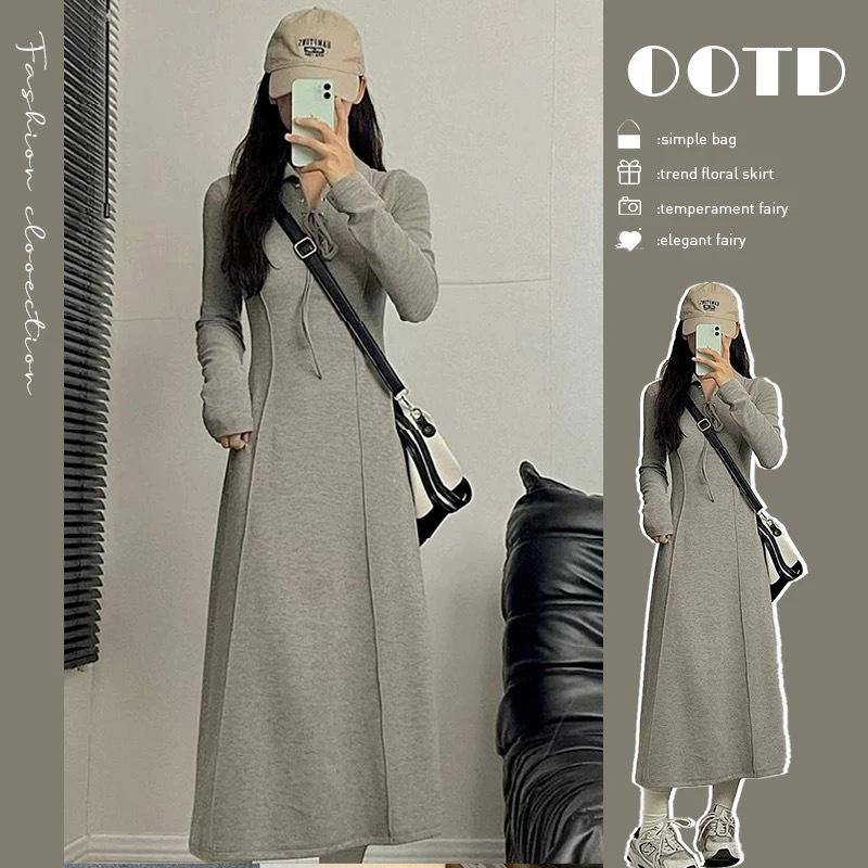 Gray Women's Elegant Waist-Cinched Long Sleeve Dress - Korean Style Spring/Autumn 2026