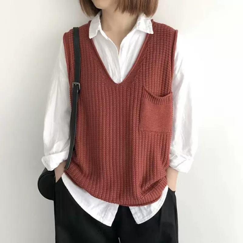 Spring and Autumn Women's Solid Color V-neck Artistic Knitted Vest Plus Size Sweater Vest