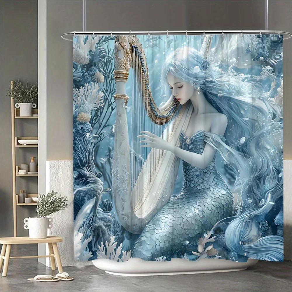 Enchanting Mermaid Harp Shower Curtain - Oceanic Fantasy Design For Modern Bathroom Décor, Waterproof, Easy Care & Unique Art