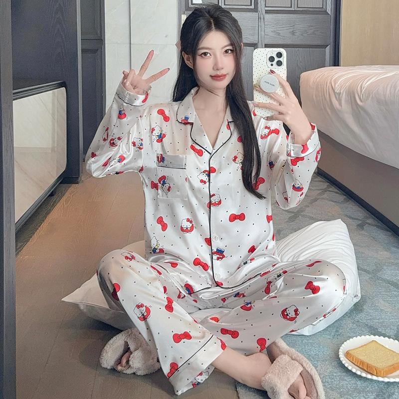 French Cute Ice Silk Pajamas Women'S Spring And Autumn Thin Sweet Polka Dot High-End Loungewear Long-Sleeved Two-Piece Set