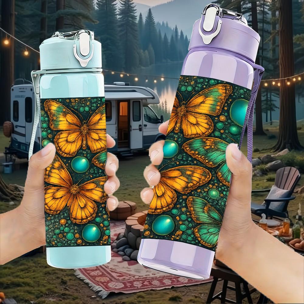 1PC Teal Gemstone Pattern Art 750ml Color Plastic Sports Water Bottle Leakproof Flip Straw Lid Suitable for Sports Office Home Use