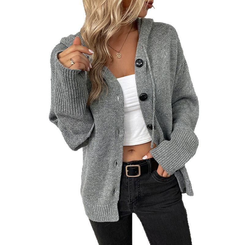 Women S Solid Color Hooded Knit Cardigan Sweater Single Breasted Long Sleeve Autumn Winter