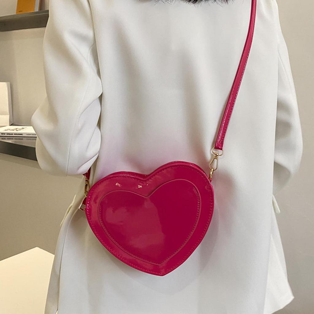 Love Heart Shape Shoulder Bag Glossy PU Leather Adjustable Shoulder Strap Pure Color Casual Trendy Satchel for Women
