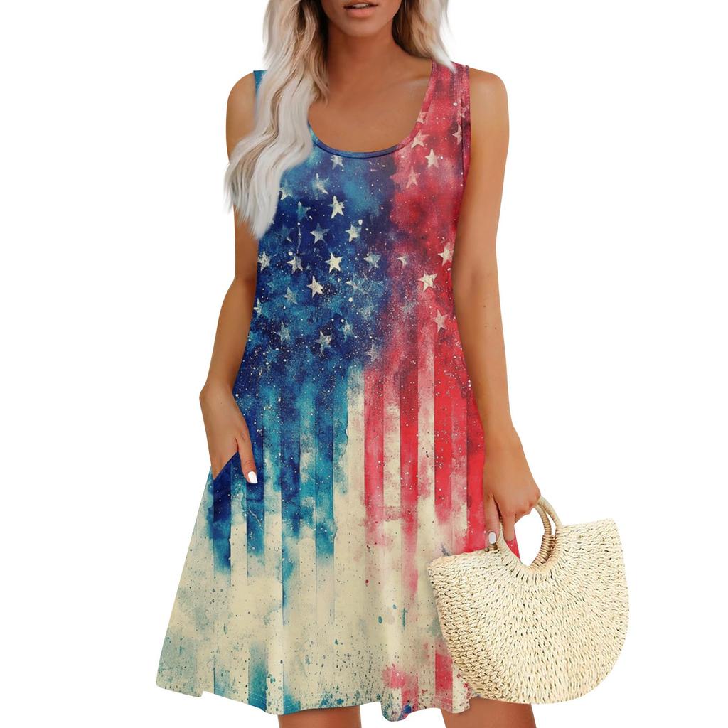 Women's Summer Casual Square Neck Independence Day Printed Dress Sleeveless Dress With Pockets