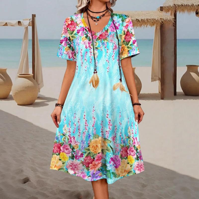 Women's Summer Long Dress V-Neck Short Printed Floral Printed Beach Dress Praty Dress