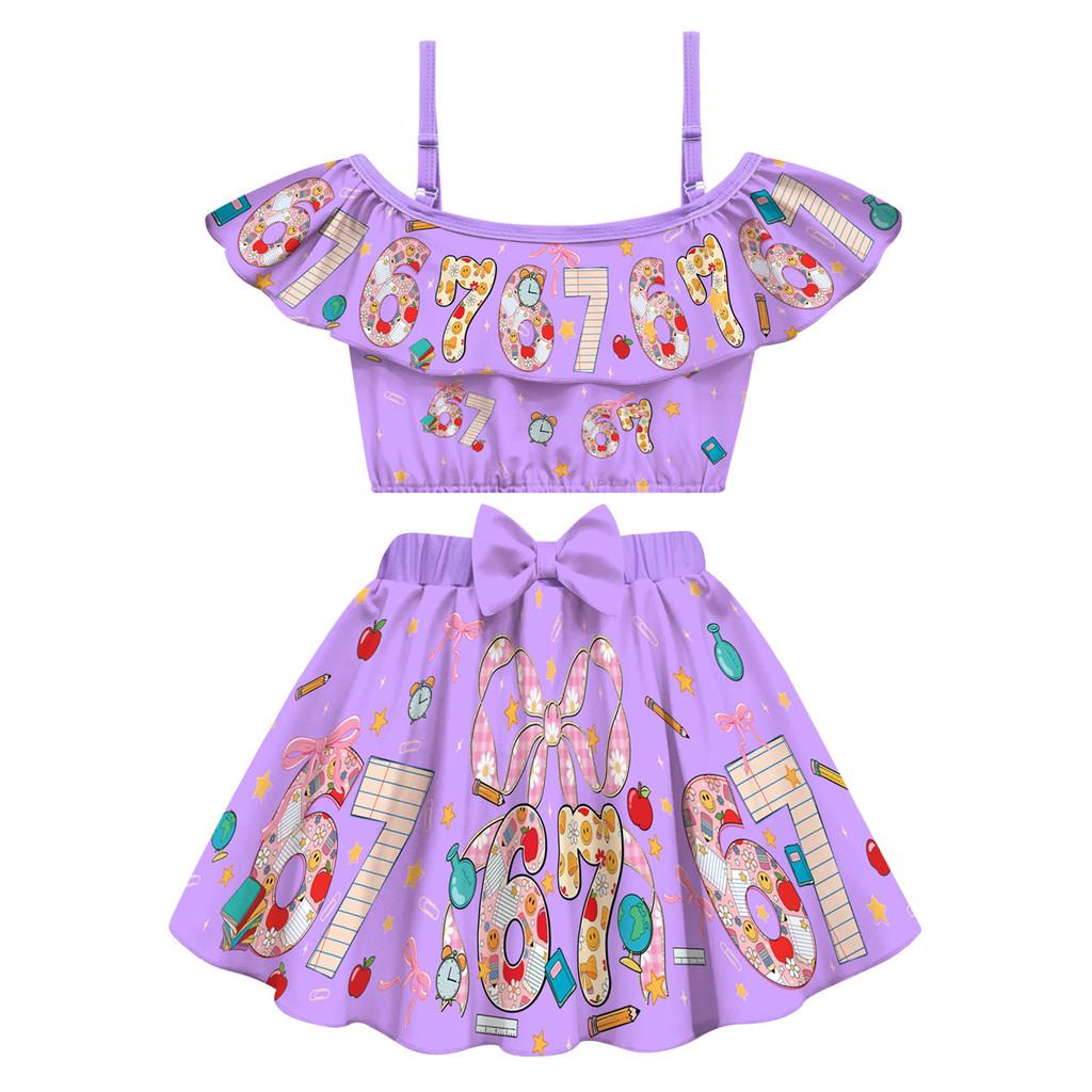 20760 Kids Girls Steal a Brainrot 67 Print Swimsuit Swimwear Top Skirt Sets