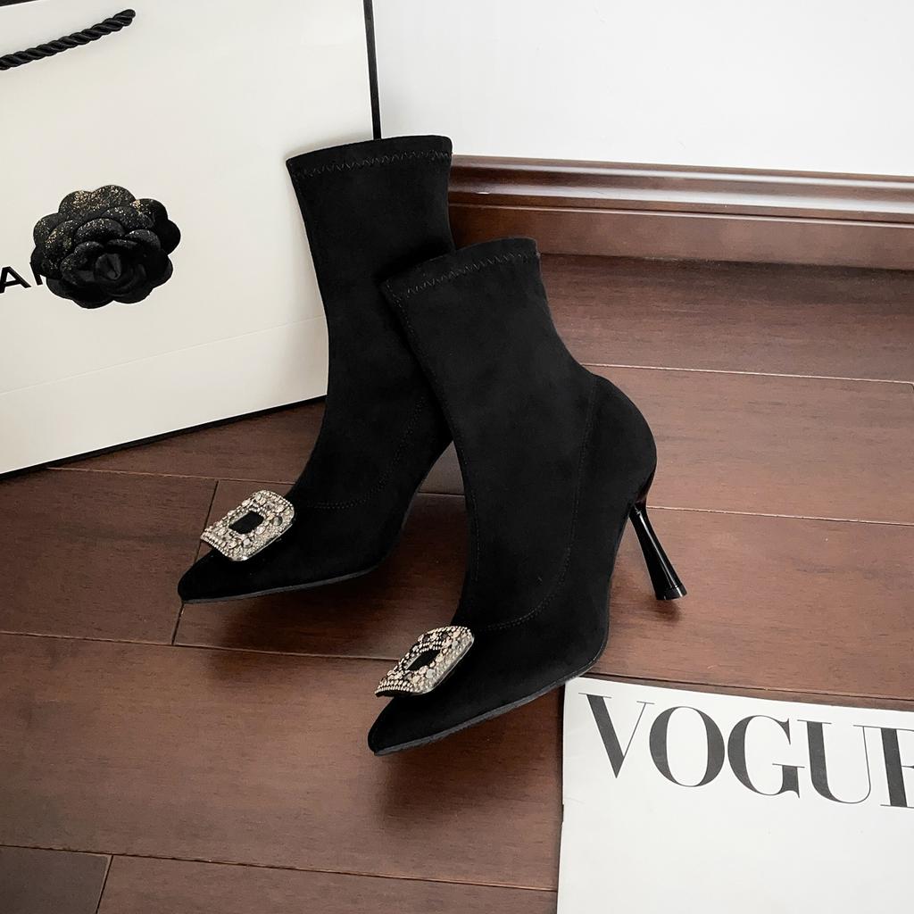 2025 New Pointed Thin Heel Short Boots Autumn and Winter Fashion Rhinestone Buckle Sleeve High Heel Thin Boots Medium Tube Women's Boots
