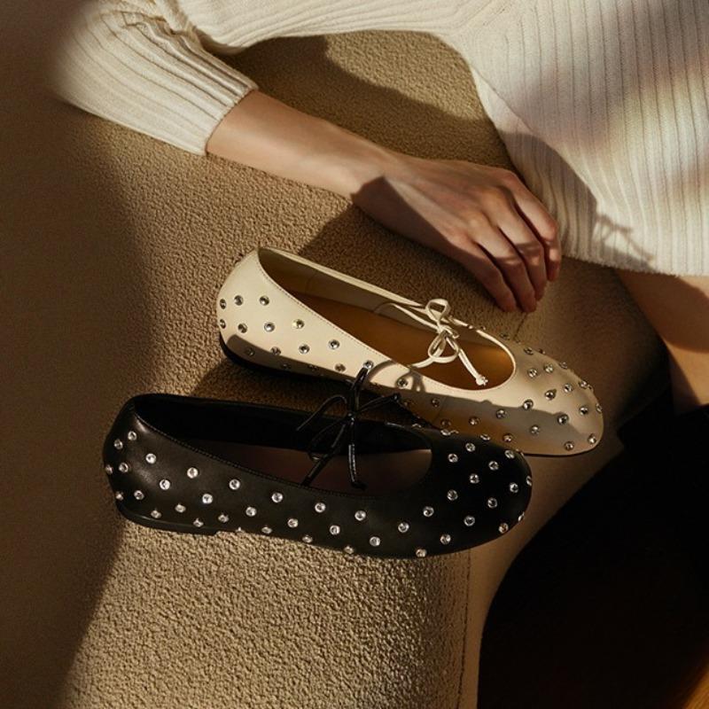 Fashion Retro Flat Shoes for Women Spring and Autumn Round Toe Bow Comfortable Loafers Shoes Mary Jane Rhinestone Flat Shoes for Ladies