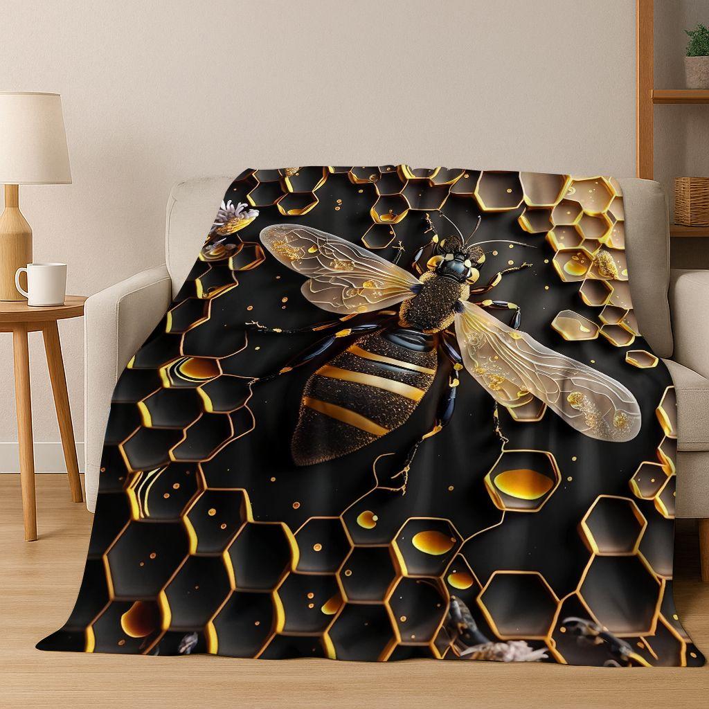Cute Cartoon Bee HoneyBee Insect Art Flannel Blanket,Cozy Soft Throw Blanket for Home Bedroom Bed Sofa Picnic Cover Gift Kids