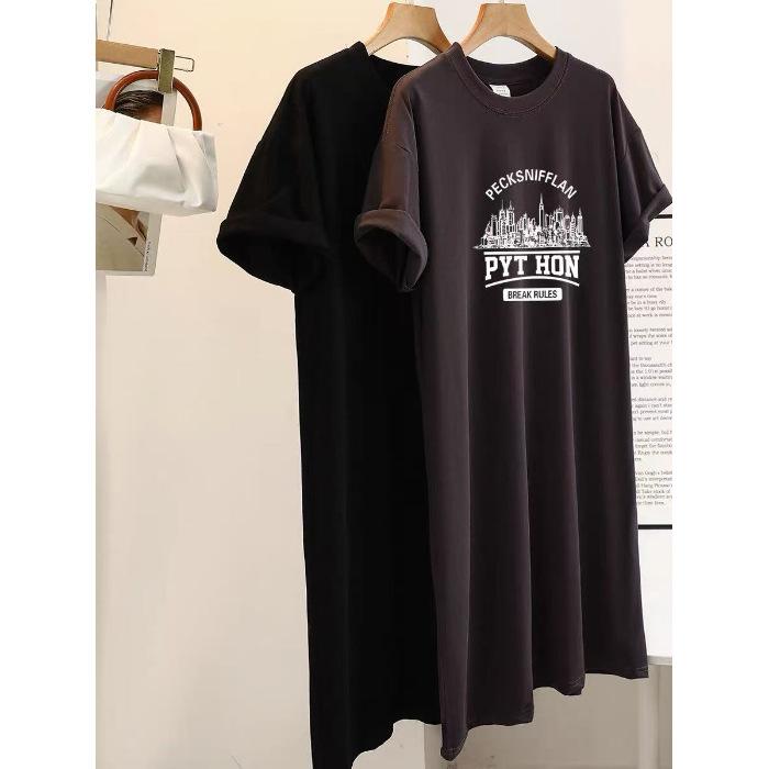 Large size women's clothing Korean lazy style t-shirt dress summer fat mm belly cover and thin small person knee long skirt