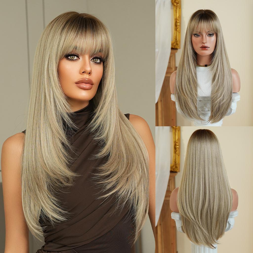 64cm Long Straight Layered Wig with Bangs – Heat-Resistant Synthetic Hair in Brown, Auburn, Ash Blonde, Gold, Black & Pink