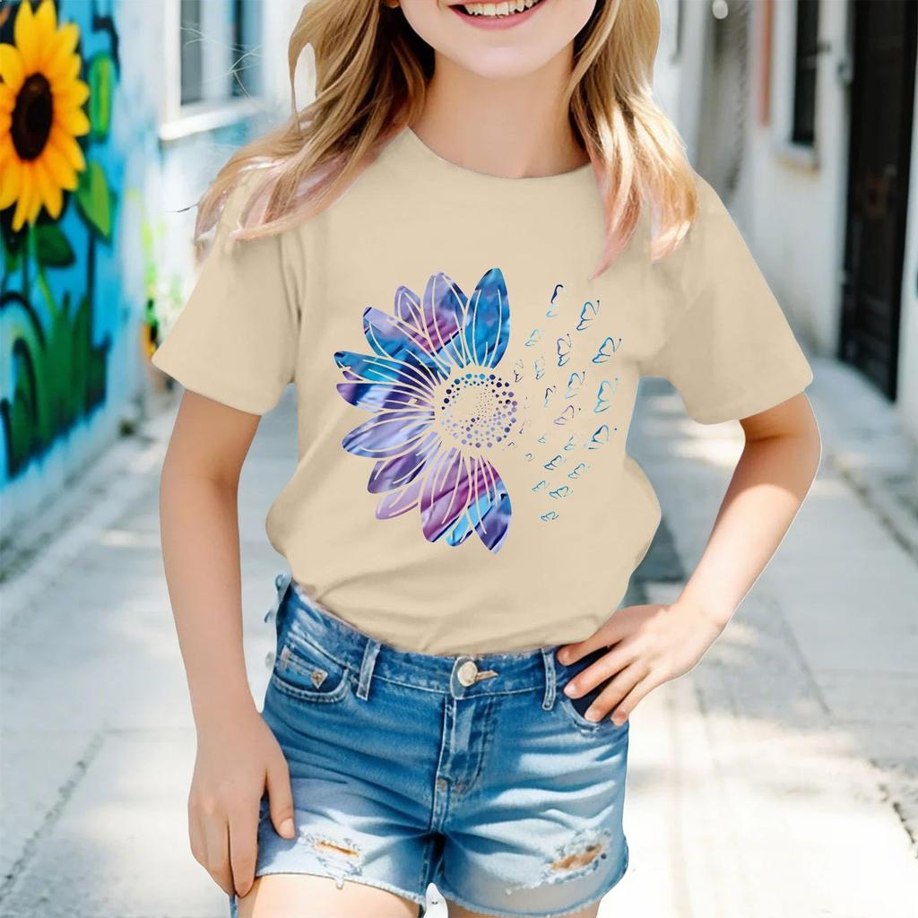 Kindermode Kurzarm Rundhals Floral Bedruckt Lässiges T-Shirt Top