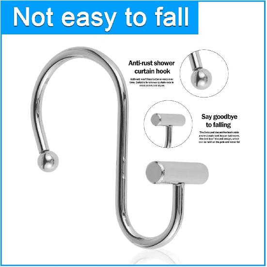 Decorative Shower Curtain Hooks Rust Proof for Bathroom, 12pcs Premium Rust Resistant Hooks Glide Shower Ring Hang Holder T Shape Hooks for Living