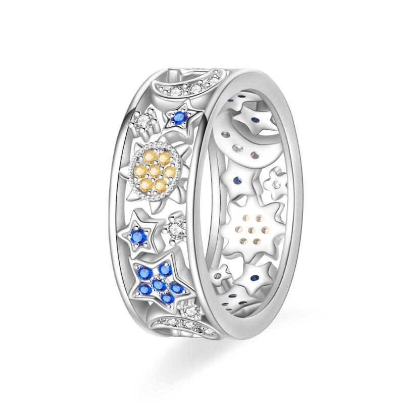 New 100% 925 Silver Fashion Sunflower Sun Moon Wide Rings Classic Heart-Shaped Crown Female Rings Elegant Party Jewelry