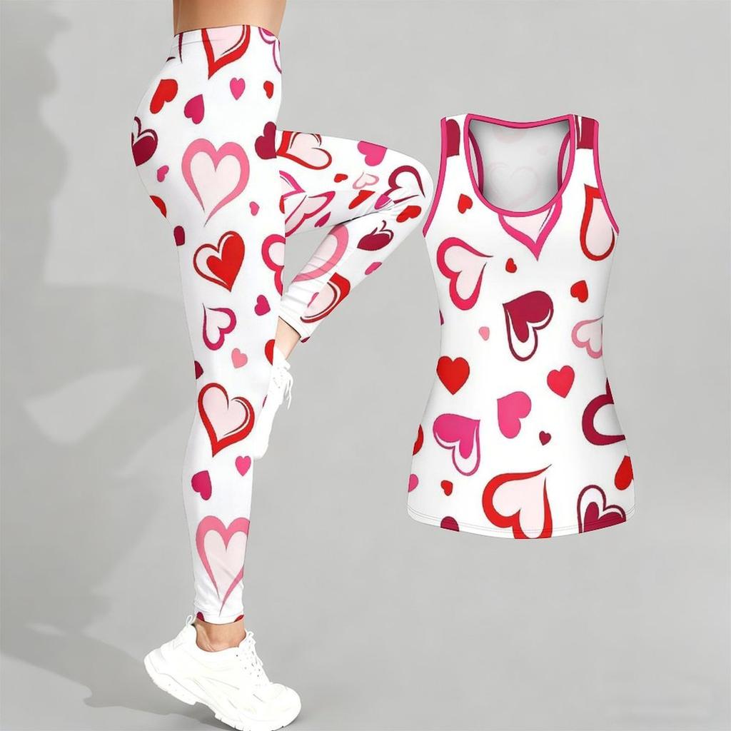 Heart Shaped Pattern Print Yoga Outfit for Women Fashion Workout Leggings Fitness Sports Casual Yoga Set Sports Suit Valentine's Day Exclusive