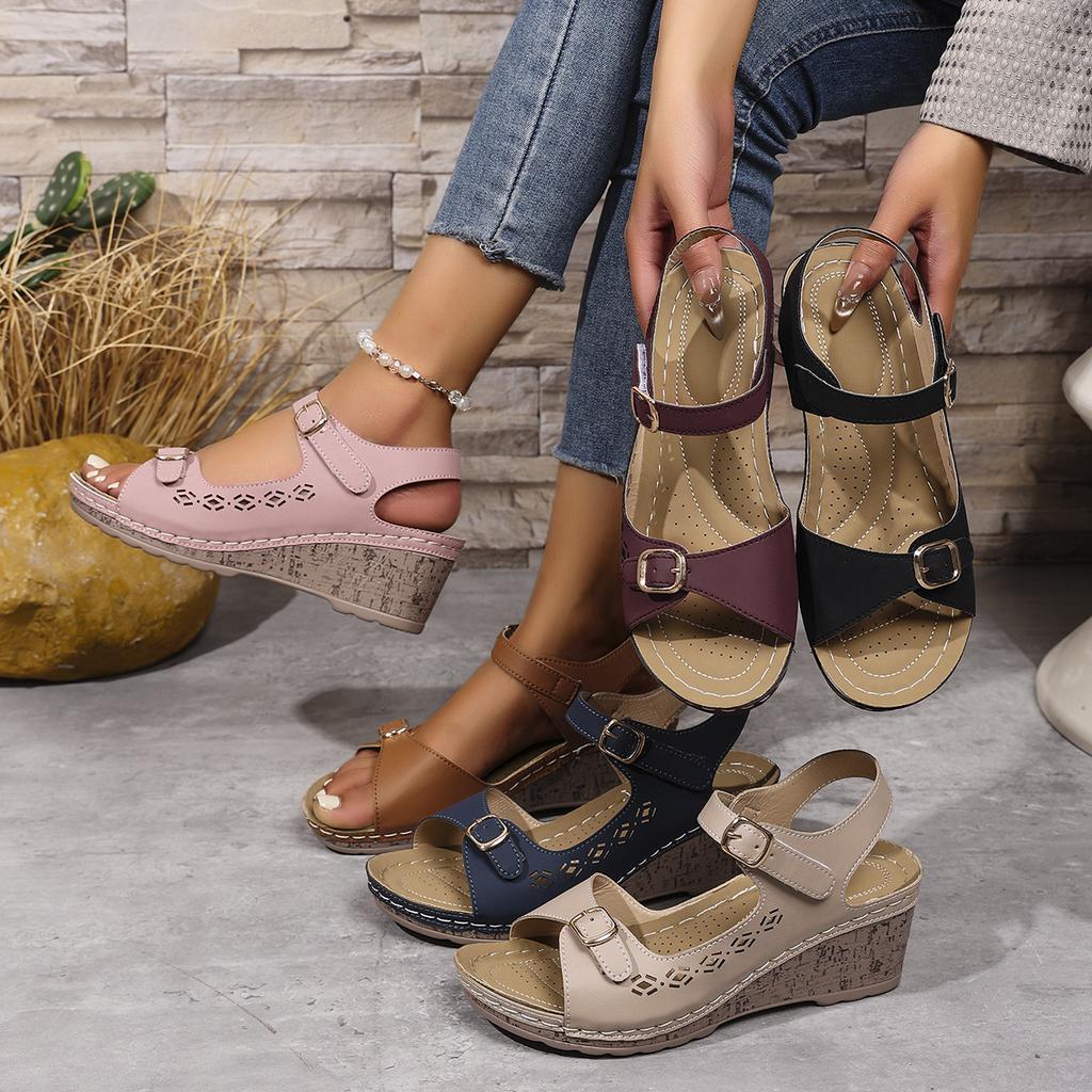 Foreign trade large size summer casual retro wedge heel thick-soled sewn shoes slippers one-character women's cool slippers