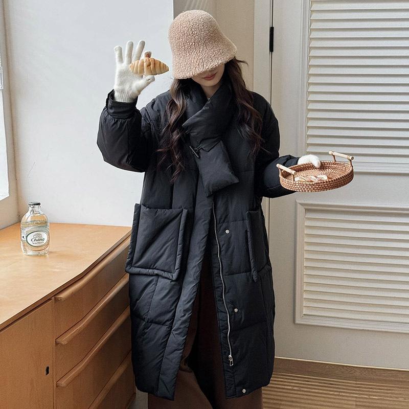 

Scarf Long Down Jacket Women s 2025 Winter Korean Sweet Thickened Large Pocket Over Knee White Duck Down Jacket One Size