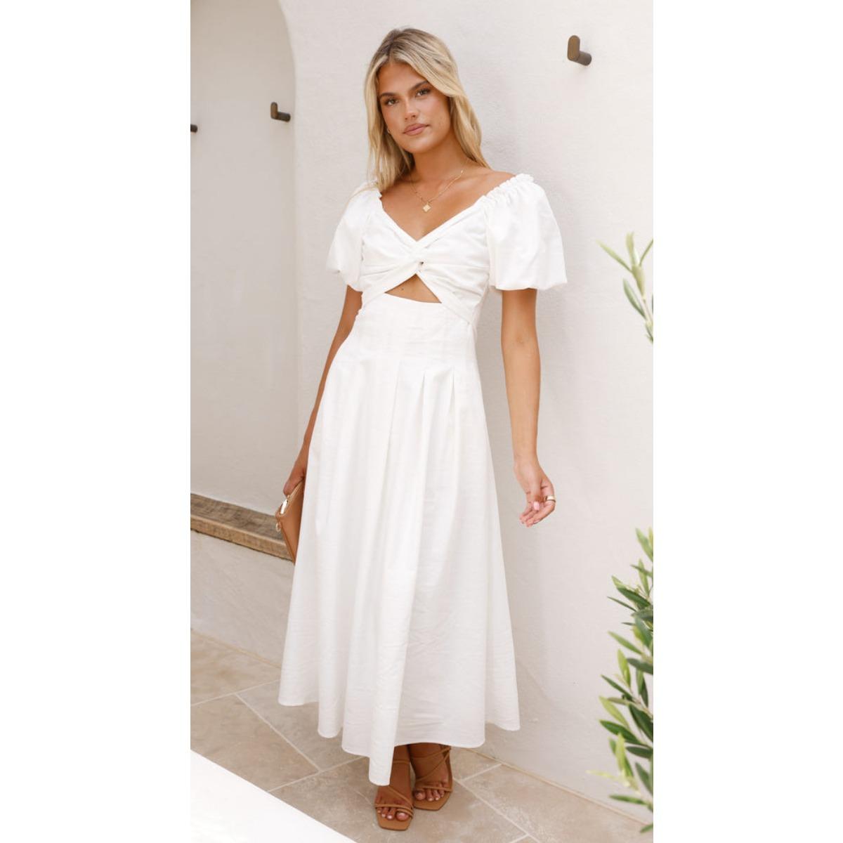 Women s V Neck Short Sleeve Solid Midi Dress High Waist Elegant Casual Dress S белый