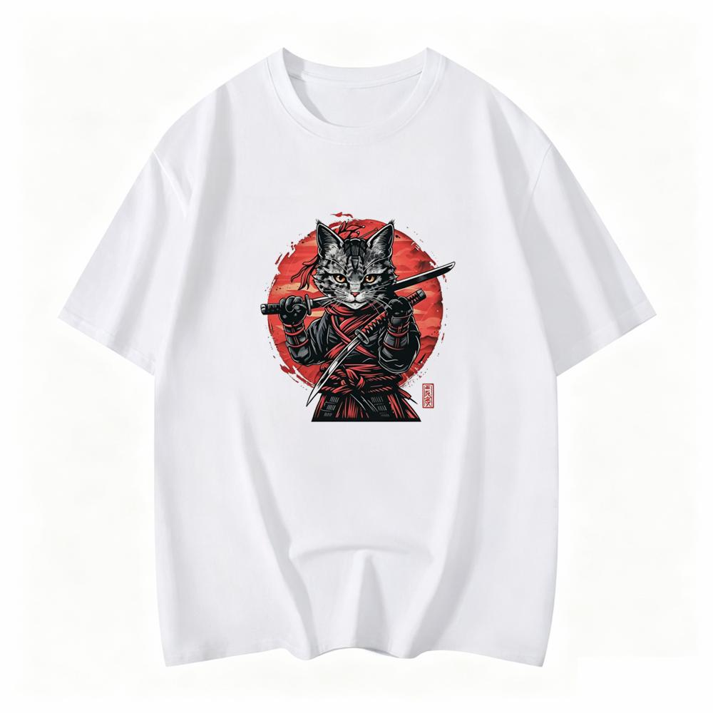 Japanese Samurai Cat Tattoo Kawaii Ninja Cat Printed Summer Unisex Tshirt Street Cool Casual Wear Unisexs Clothing Top