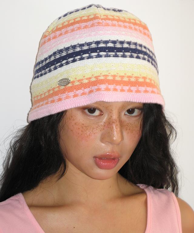RONRON Multi Stripe Knit Bucket Hat Orange Pink