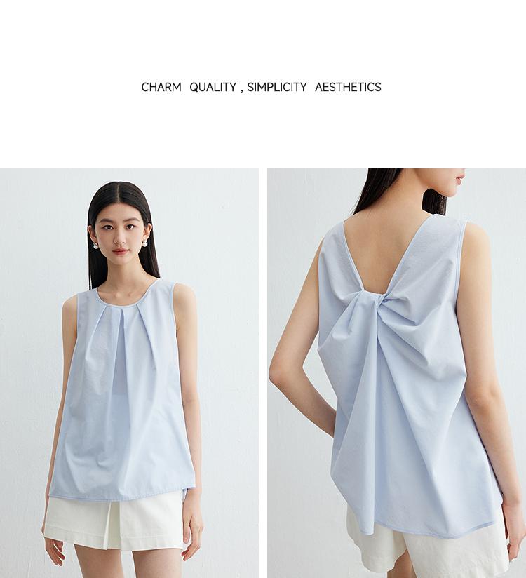 Minimalist round neck shirt, loose and elegant sleeveless shirt