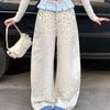 American Retro Leopard Wide Leg Trousers Female Clothing Folds Ruffle Chic Patchwork Autumn Winter Streetwear Loose Casual Pants
