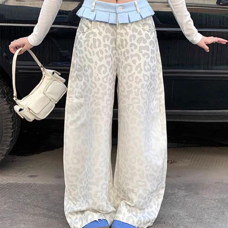 American Retro Leopard Wide Leg Trousers Female Clothing Folds Ruffle Chic Patchwork Autumn Winter Streetwear Loose Casual Pants