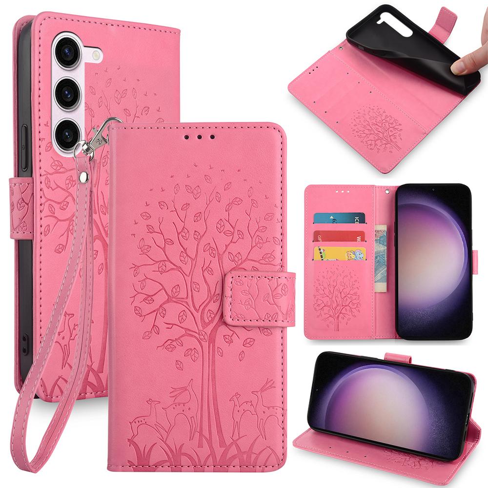 For Samsung Galaxy S23 Phone Case Imprinted Deer Tree Pattern 3 Card Slots Anti-drop Cover