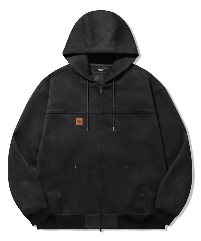 Trillion Leather Patch Suede Work Zip-Up Hoodie_Black