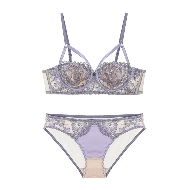 Nuovo set di biancheria intima da donna Set reggiseno push up con cava in pizzo sexy Fiori di lavanda ricamo francese 1/2 tazza sottile reggiseno e mutandine