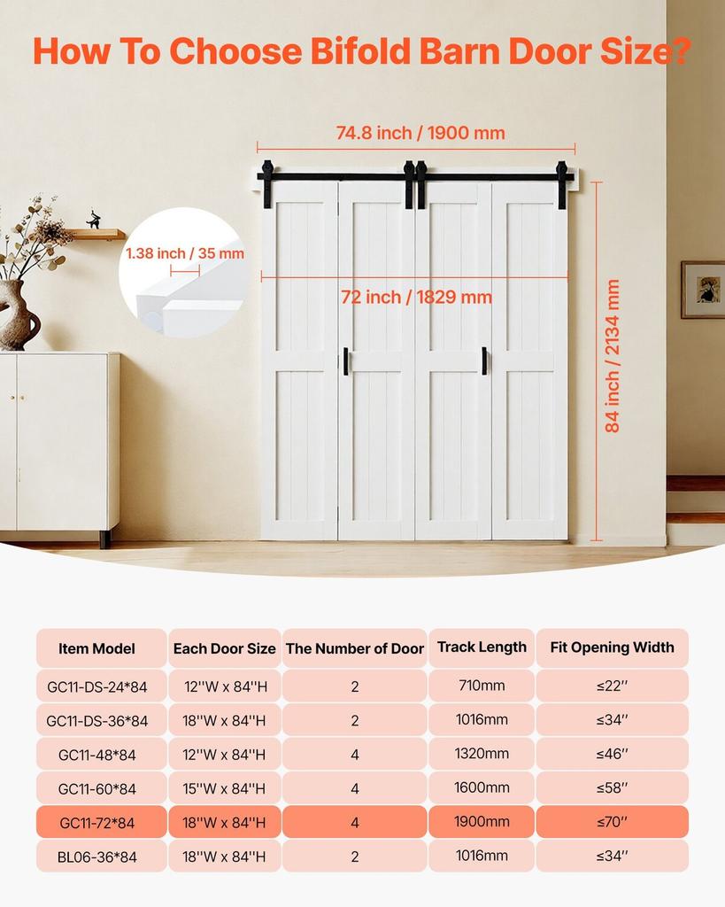 Bifold Barn Door, 1829 x 2134 mm, MDF Bi-Fold Sliding Closet Doors, Hardware Kit Included, H-Frame Space-Saving Design, Pre-Assembled Panels for