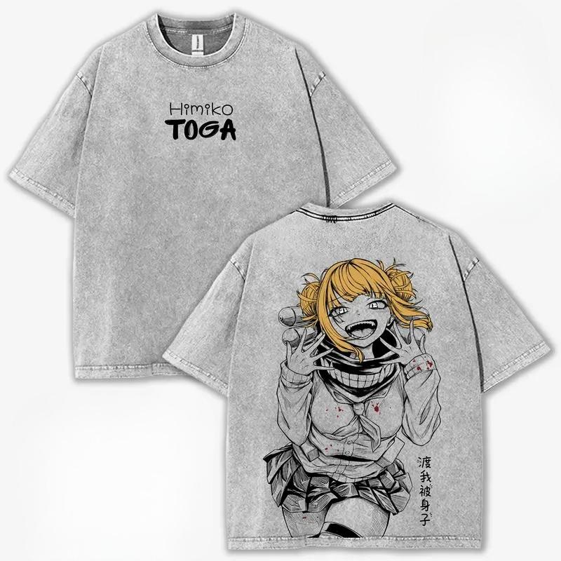 My Hero Academia Himiko Toga Printed Streetwear Men Women Short Sleeve Cotton Tshirts Vintage Washed T-shirt Oversized T Shirt