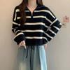 Half-zipper High-neck Striped Sweater Female Fall and Winter Thickened Loose Lazy Head Short Section Knit Sweater Comfortable and Versatile Fashion