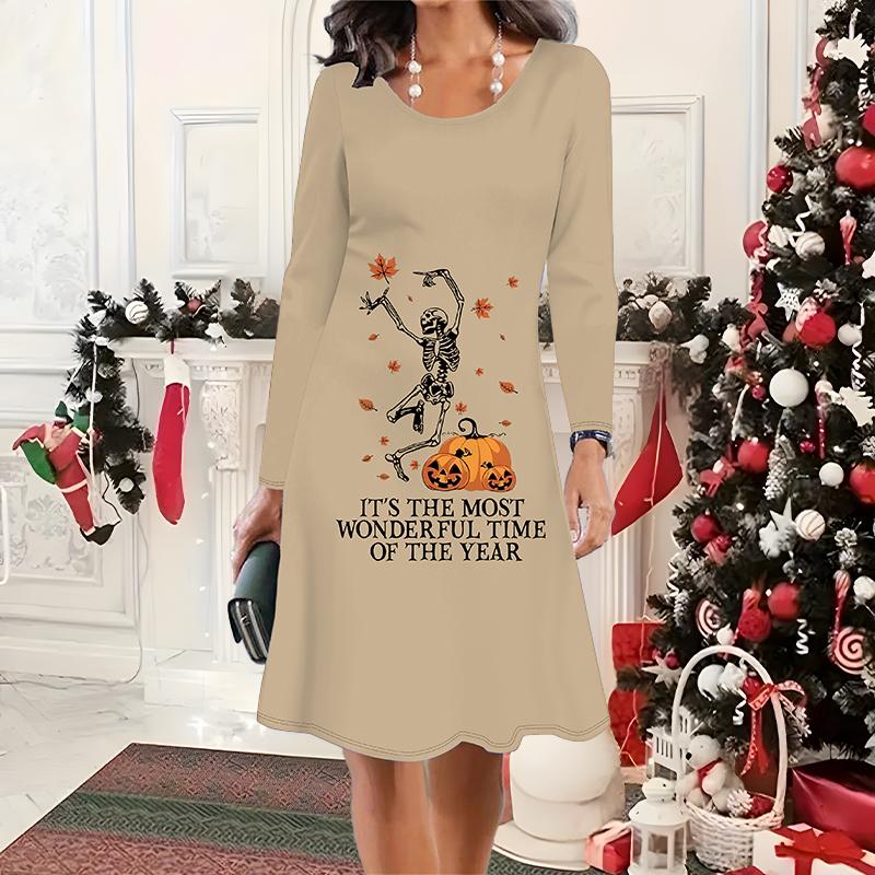 

2025 Осень и Зима Новое Повседневное Женское Платье с Круглым Вырезом 3D Хэллоуинский Узор Идеальный Подарок на Хэллоуин Рождество 8XL оранжевый