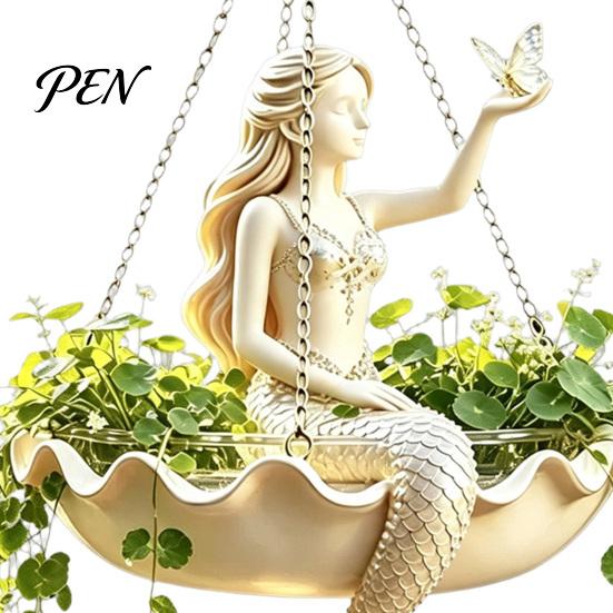 Decorative Succulents Holder for Balcony Ballet Dancer & Mermaid Hanging Planter, Resin Shell-Shaped Flower Pot with Metal Chains, Stylish Decor Patio