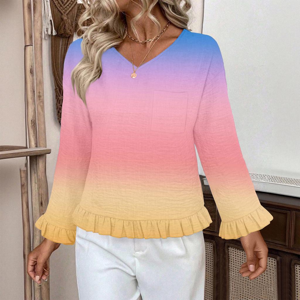 Women's Casual Fashion Ruffled V-Neck Pocket Gradient Print Long Sleeve Top