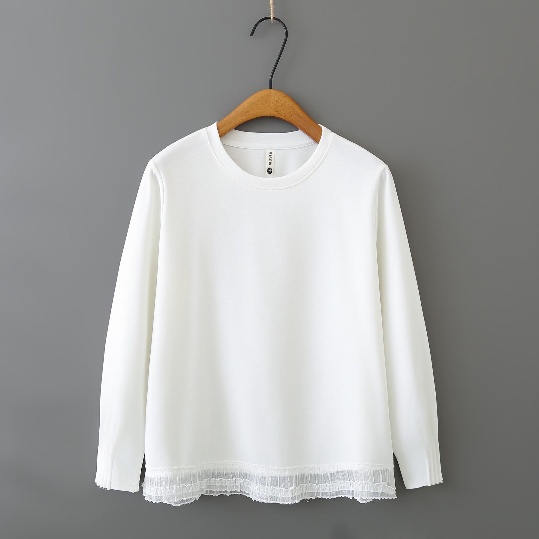 

Plus Size Lace Hem Sweatshirt: Pleated Long Sleeve Casual Top for Spring 2026 3XL білий