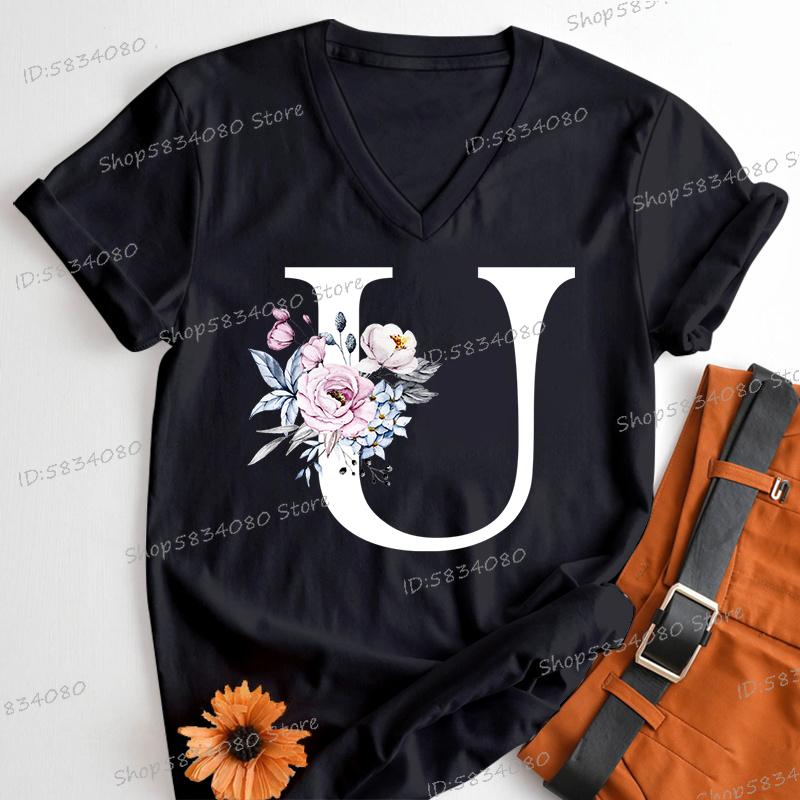 Letter B Floral T Shirts Women English Alphabet Birthday Gift Women 26 Initials Flower Classic Tops Tees Alphabet Floral Tshirt