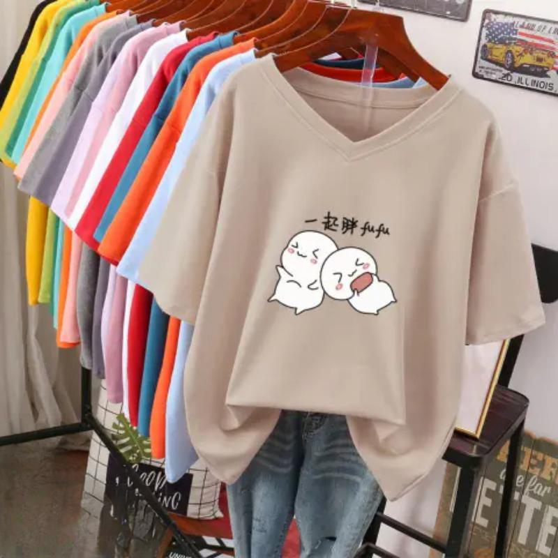 

Футболка с коротким рукавом, Свободного кроя, Приталенный топ с V-образным вырезом с принтом для женщин 5XL абрикосовый