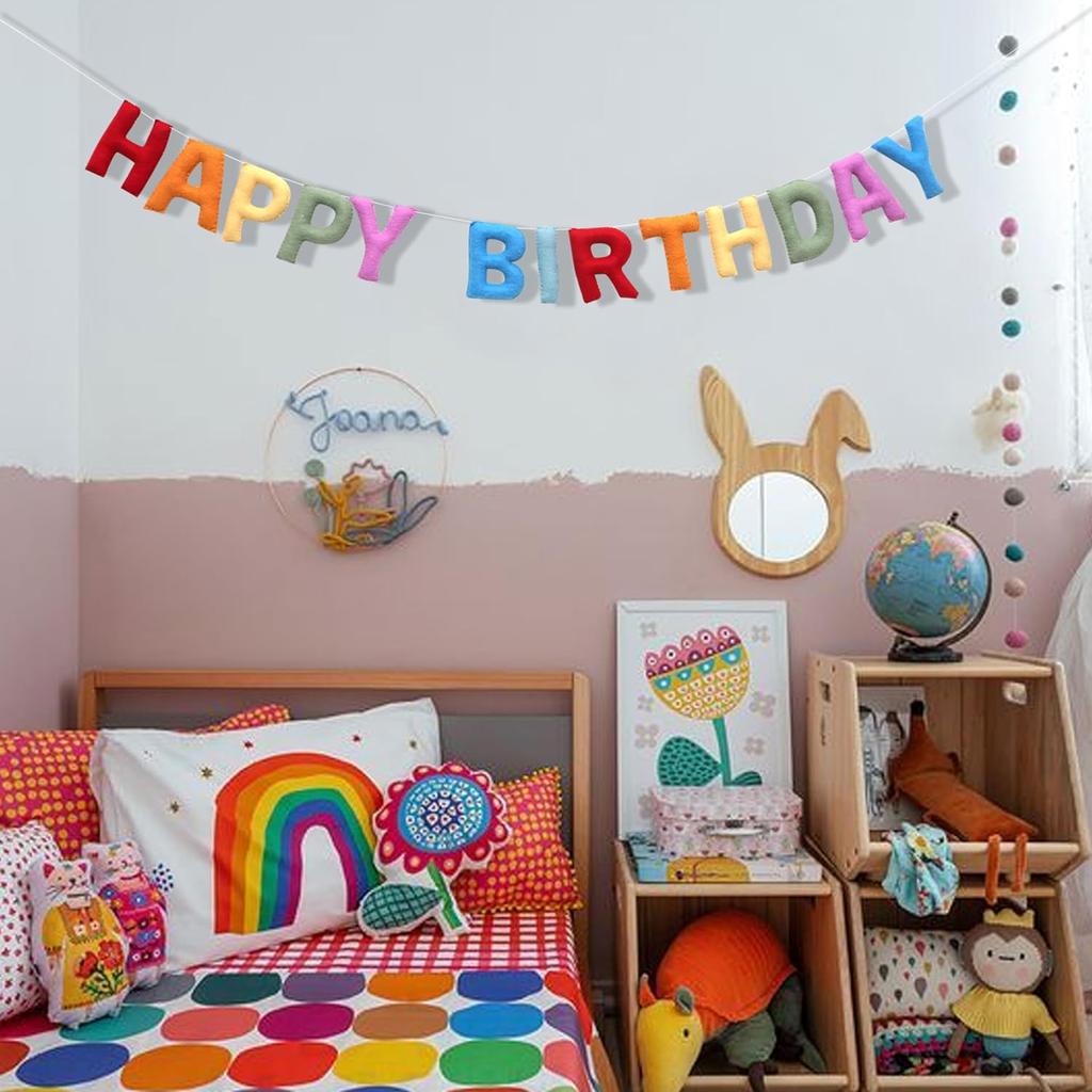 Happy Birthday Felt Fabric Banner - Rainbow Birthday Garland, Decoration for Mantle Party, Kids Birthday Party Decor, Photo Props