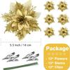 D5 12PCS Artificial Glitter Christmas Flowers with Clip for Xmas Tree Ornament Fake Flower Floral New Year Party Home Decoration