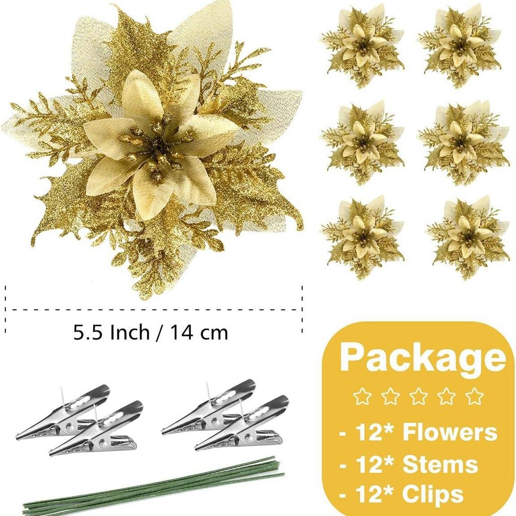 D5 12PCS Artificial Glitter Christmas Flowers with Clip for Xmas Tree Ornament Fake Flower Floral New Year Party Home Decoration