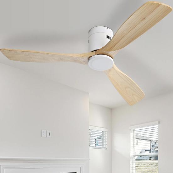 52 Inch Ceiling Fan Natural 3 Solid Wood Fan Blade Noiseless Reversible Direct Current Motor Remote Control for Living Room