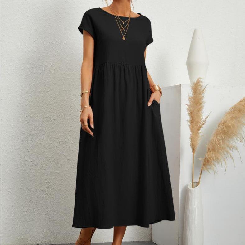 European and American Solid Color Sleeveless Loose Cotton and Linen Pocket Dress