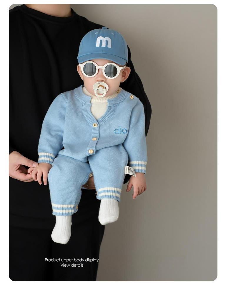 Infant Knit Romper with Blue Letter Embroidery - Autumn/Winter Two-Piece Design
