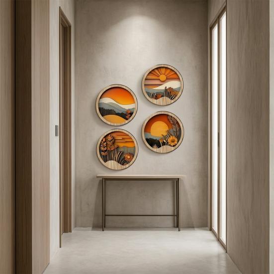 4 Pcs Boho Wall Art, Bohemian Sunset Mountain Plant Wall Decor, Wooden Round Circle Hollow Out Farmhouse Hanging Ornament for Bedroom, Living Room