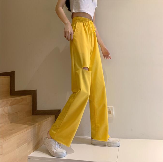 New Summer Loose Drawstring Ripped Wide-leg Trousers Solid Color Pants Loose Casual Trousers