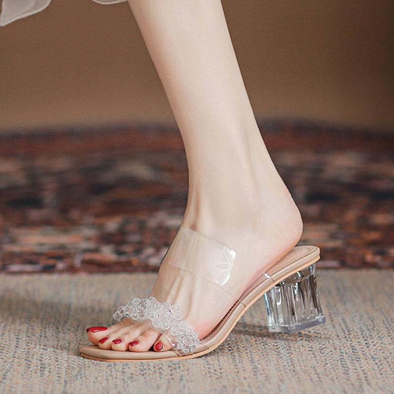 Fashion Transparent PVC Sandals Woman High Block Heels Slides Shoes Ladies Clear Heeled Slippers Double Band Flipflops Crystal Sandalias
