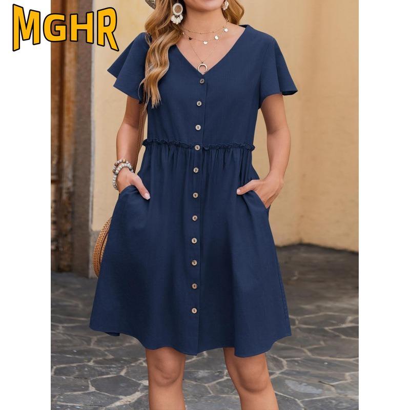 MGHR Women's V-Neck Short Sleeve Fashion Summer Spring Solid Color Print Casual Dresses