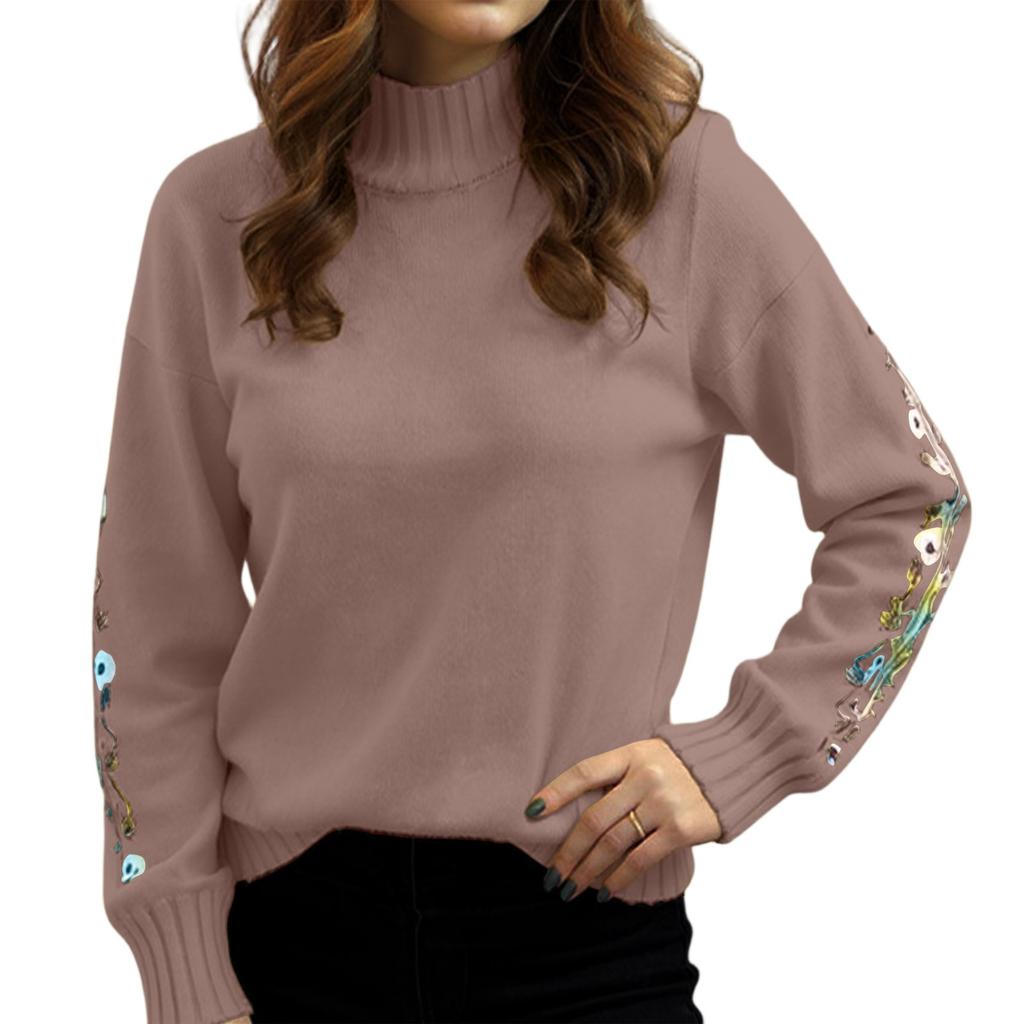 Women's Semi High Neck Long Sleeved Knitted Sweater Top, Loose Embroidered Sweater